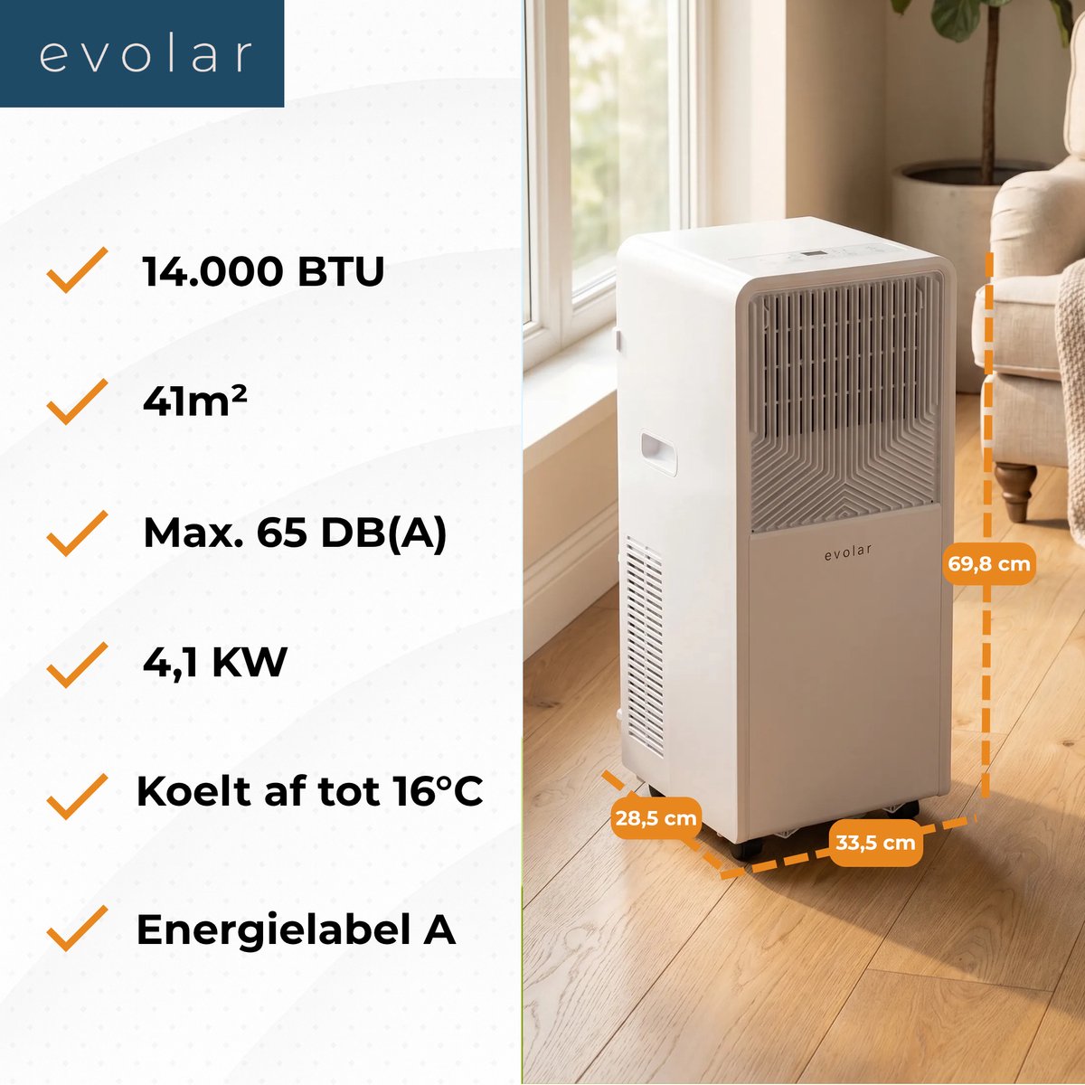 Evolar Mobiele Smart Airco - 14000 BTU - Koelen & Verwarmen - WiFi - App & Afstandsbediening - Airconditioner - met Afvoerslang - Slaapkamer, Woonkamer, Kantoor - EVO-014CHW thumbnail 8