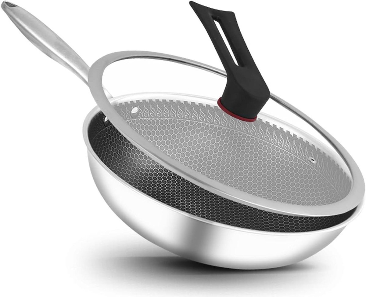 Roestvrijstalen Wokpan Anti-aanbakpan Aziatisch Koken Platte Bodem 32 cm Zilver