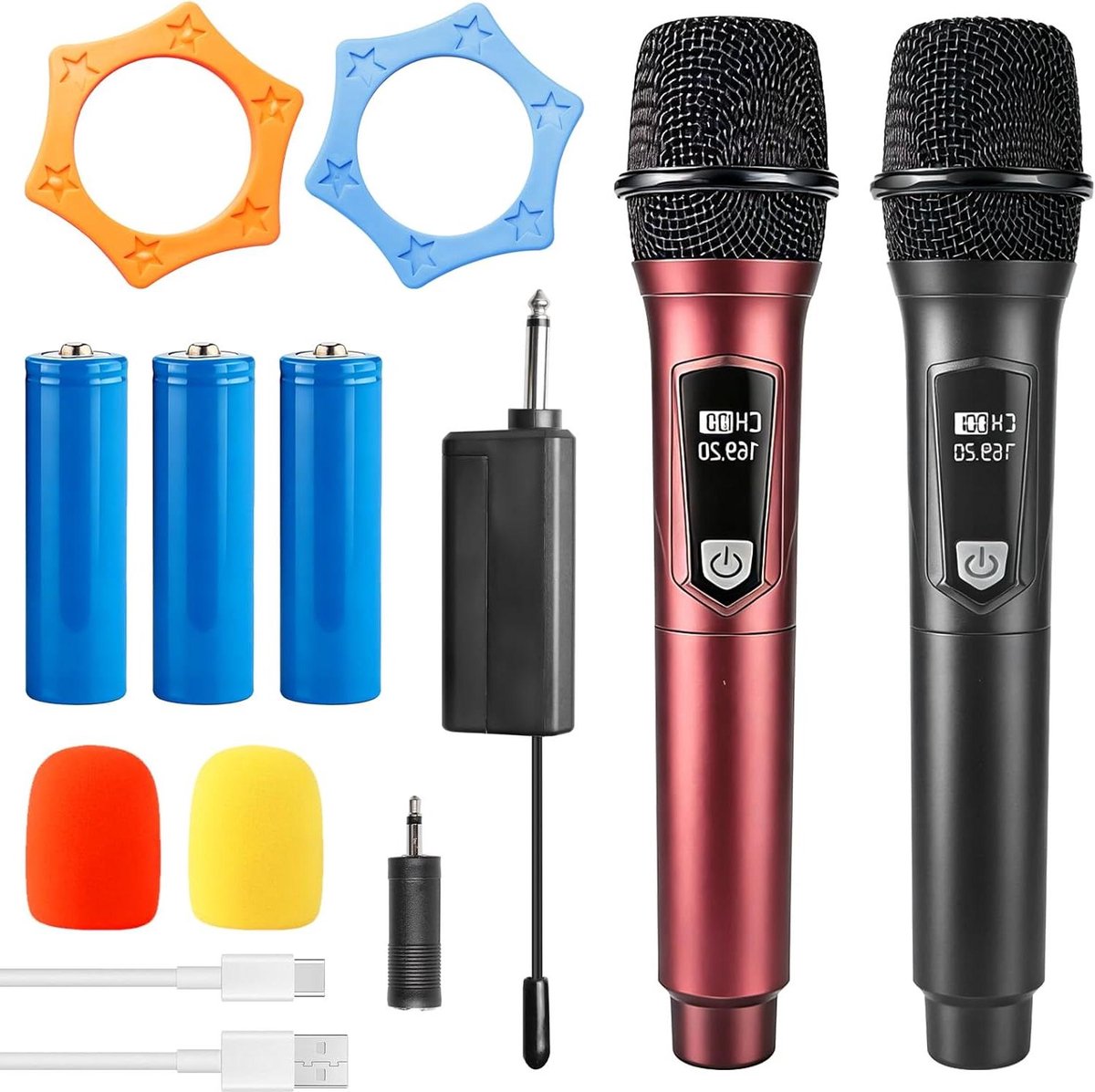 Draadloze microfoonset - Dubbele microfoon - Karaoke zingen - Automatisch koppelen - 20 meter bereik - Grijs rood