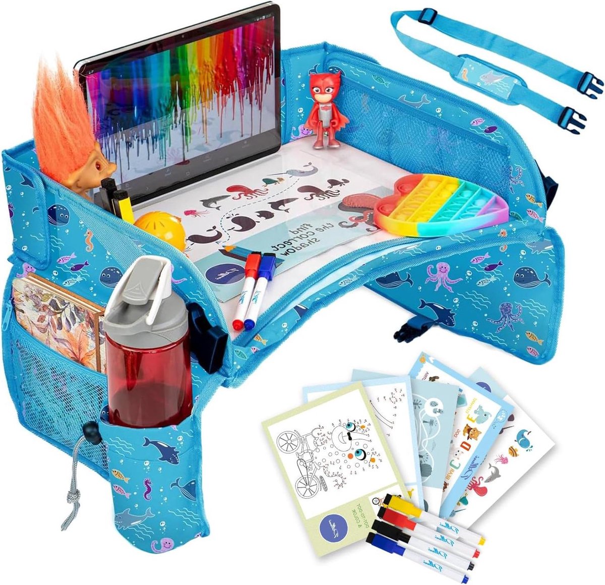 Reistafel Kinderen - Autostoel Tafel - Auto en Vliegtuig - Inclusief Teken Sets - 41x33x11 cm - Zee