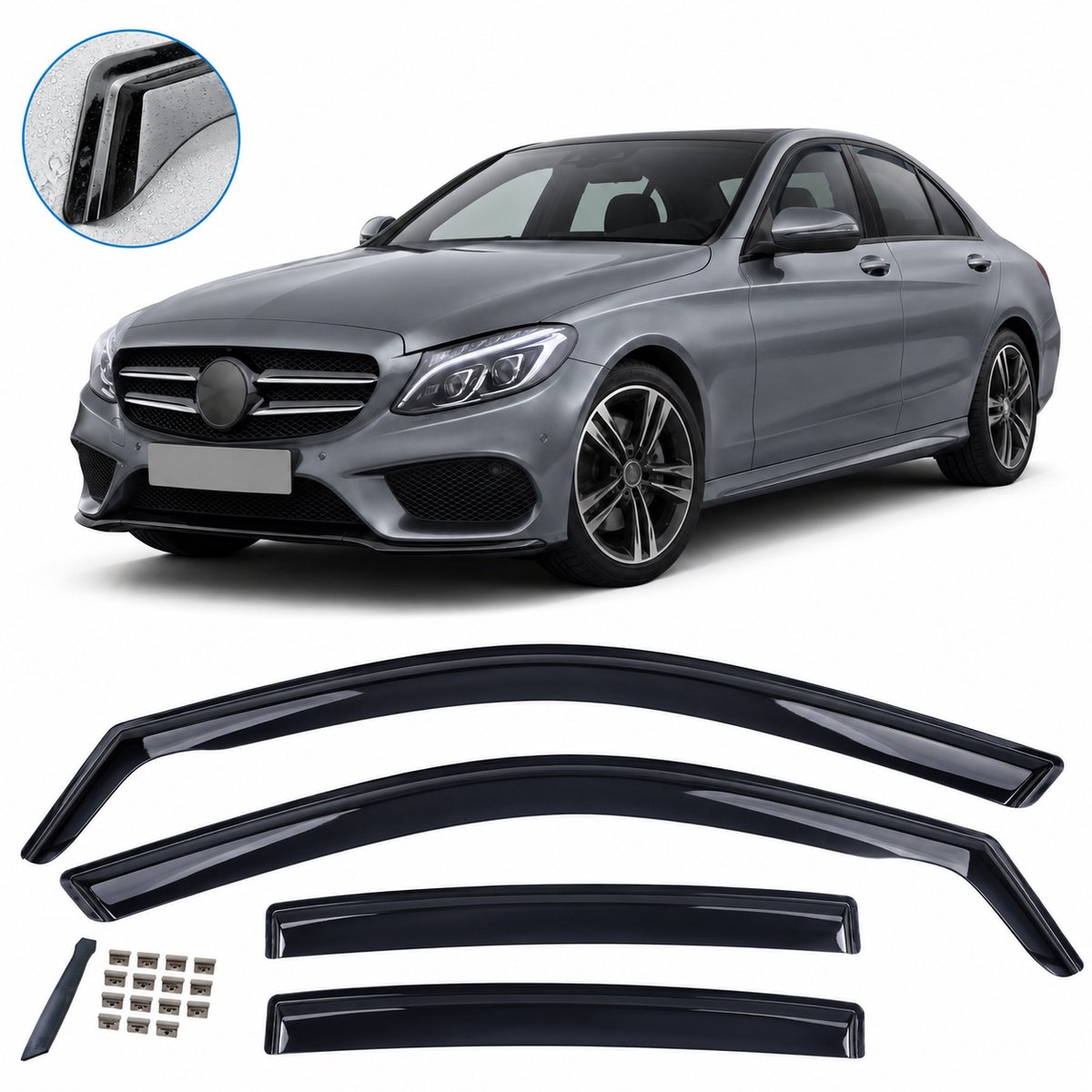 Windschermen Geschikt voor Mercedes-Benz C-Klasse W205 (2014-2021) – Smoke Zwart – 4 Delig