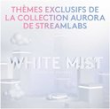Grafisch met de tekst 'WHITE MIST OVERLAY PACKAGE' in 3D letters, omringd door witte objecten. Tekst: THÈMES EXCLUSIFS DE LA COLLECTION AURORA DE STREAMLABS.