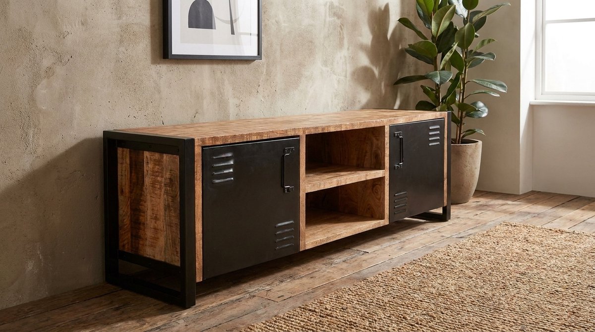 TV-meubel industrieel 160 cm mangohout zwart metaal – House&Garden Brussels TV kast 160x45x50 cm – lowboard tv meubel met opbergruimte, kabeldoorvoer & 2 deuren – handgemaakt houten tv dressoir