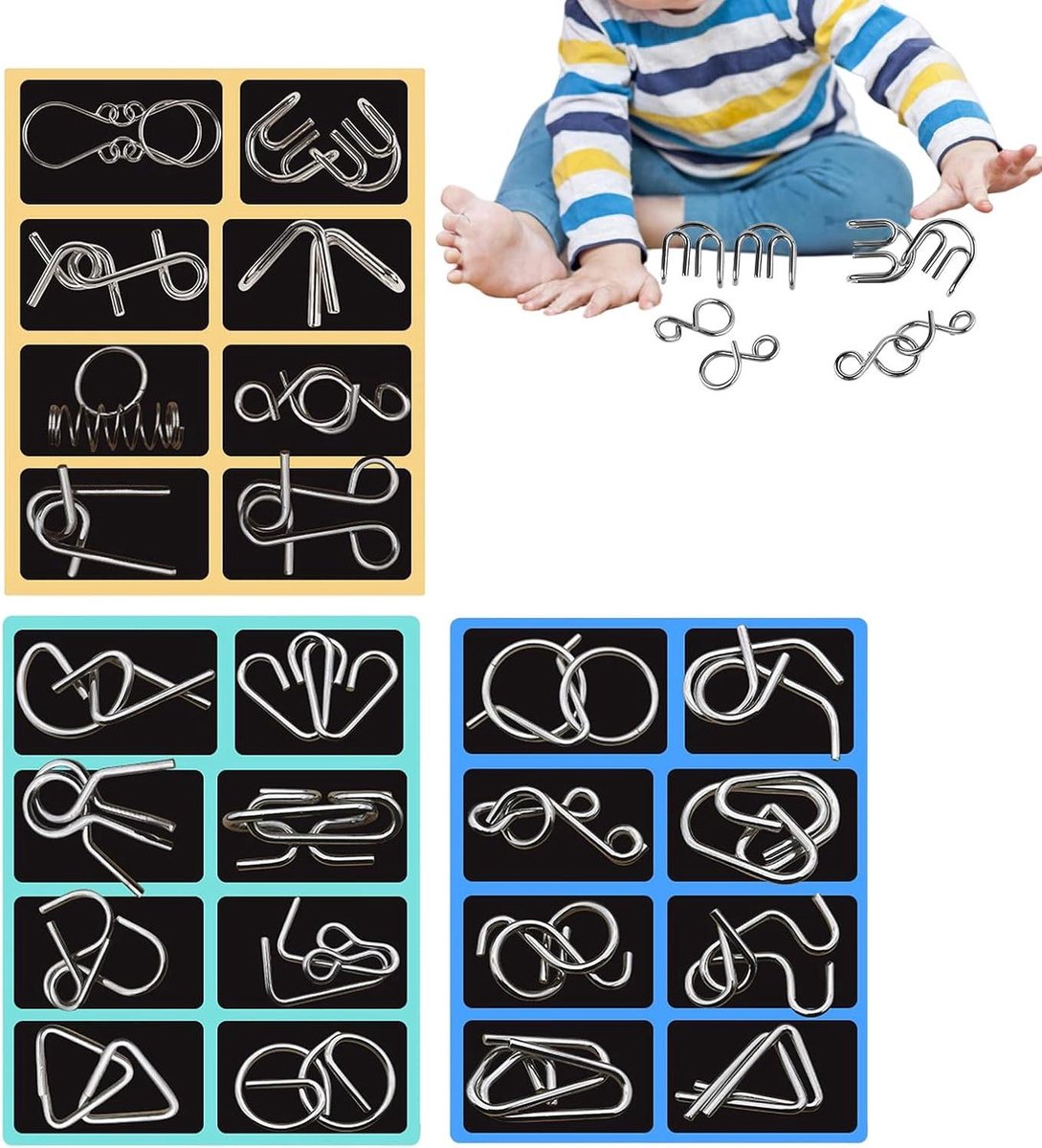 Metalen draadpuzzels - Hersenkrakers - Logisch denken - 24 Delige Set - 19.9 x 15.7 cm - Metaal