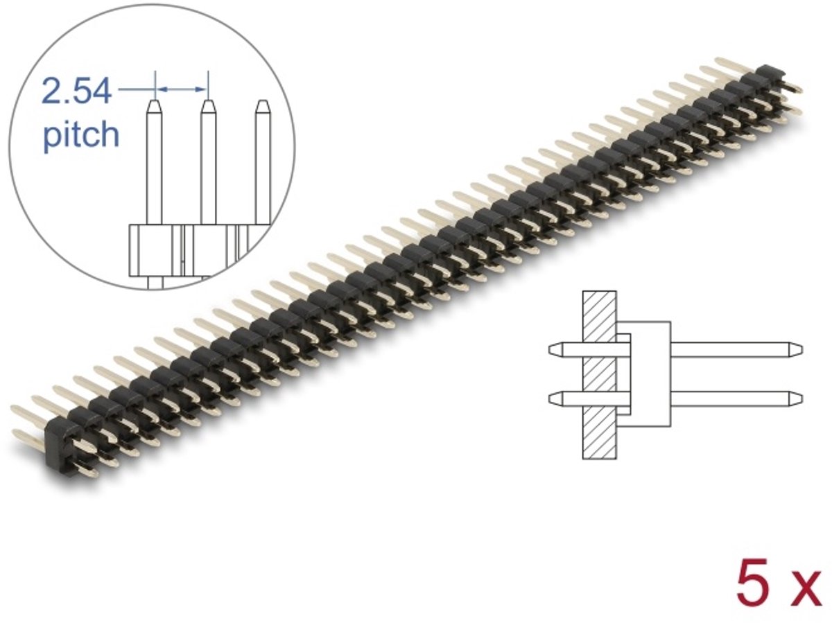 Delock Pin header 40 pin, pitch 2.54 mm, 2-row, straight, 5 pieces
