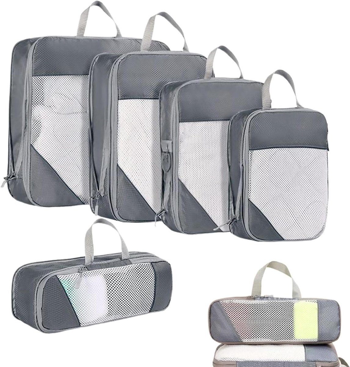 Compressiezakken Reizen - Kleding Organizer - Bagage Ruimte Besparen - Waterdichte Bescherming - 5 Stuks - Grijs