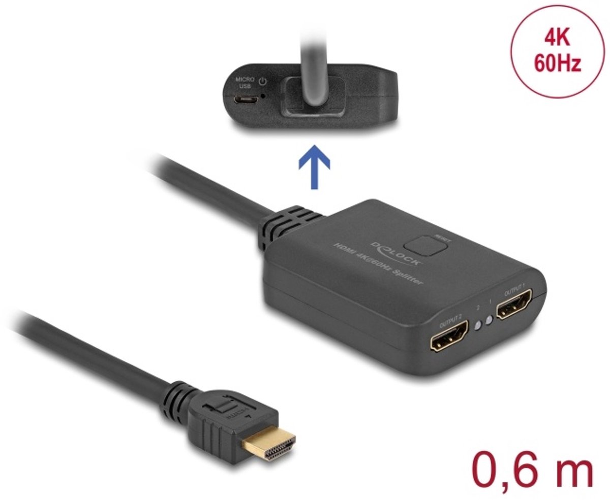 Delock HDMI Splitter 1 x HDMI in to 2 x HDMI out 4K 60 Hz with downscaler