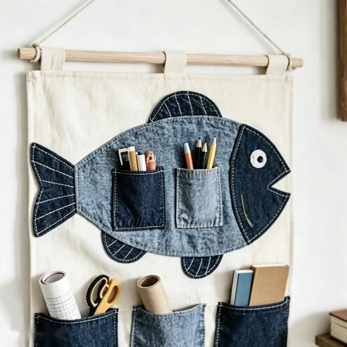 Wand Opbergzak - Vis Organizer - Ruimte Ordenen - Duurzaam Denim - 71.8L x 49.3B cm - A