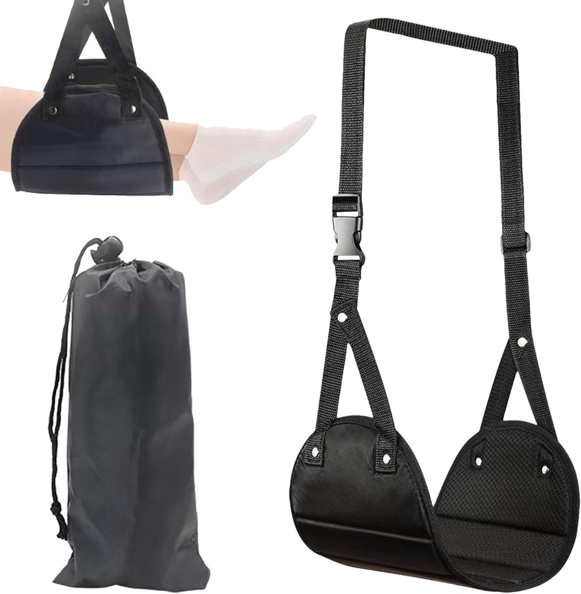 Vliegtuig Voetsteun - Reis Hangmat - Comfortabel Reizen - Verstelbare Hoogte - 49 x 43.5 cm - Zwart