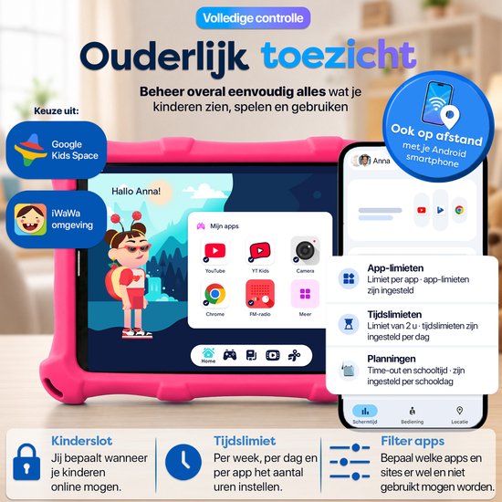 Tablette enfant AngelTech PRO MAX - Tablette enfant 8 pouces la plus rapide du marché - 4 Go de RAM - 64 + 64 Go de stockage - Perfect pour École - Contrôle parental - Aussi pour Adultes - Housse de protection Fidgy 360° - Rose ou Blauw