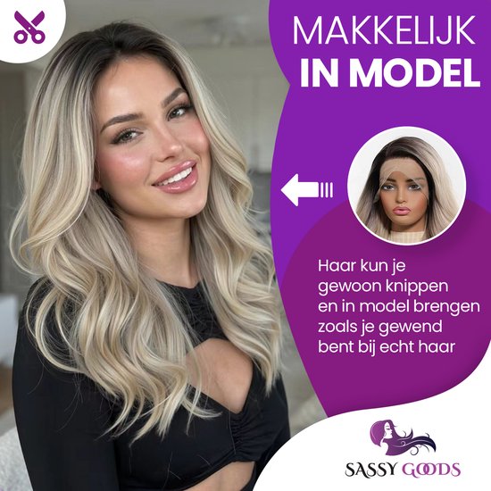 Model met lang, golvend blond haar. Pruik is makkelijk in model te knippen en te stylen.