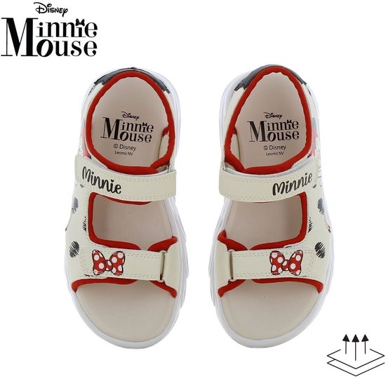 Paar crèmekleurige sandalen met rode randen, Minnie Mouse-print en strikken.