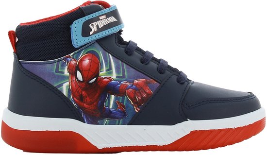 Sneaker haute bleu marine avec image de Spiderman, doublure rouge et semelle blanche.