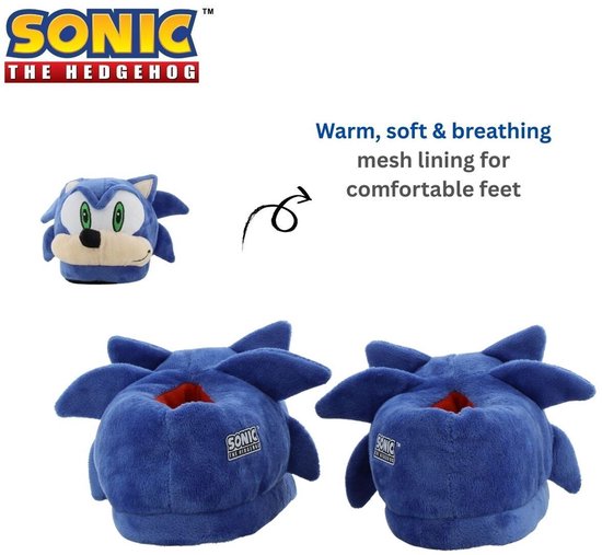 Twee blauwe Sonic pantoffels van bovenaf met rode voering en Sonic logo.