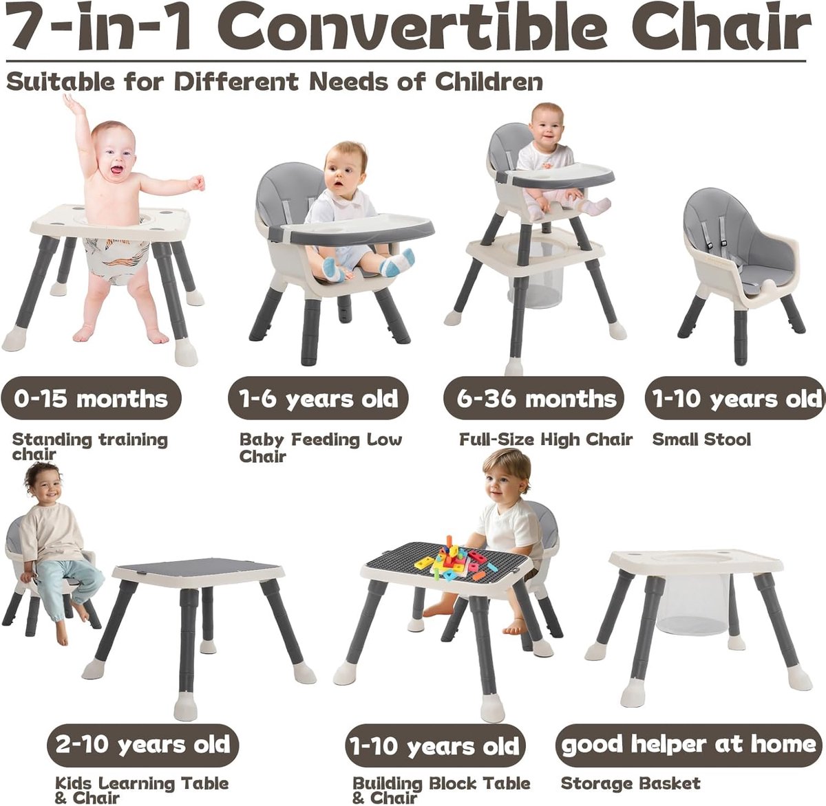 7-in-1 Kinderstoel Eetstoel Baby – verstelbare hoge stoel met speeltafel – foto 6