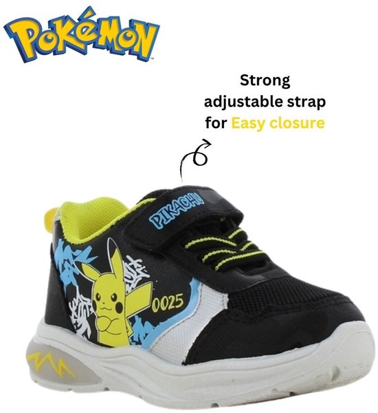 Zwarte sneaker met Pikachu opdruk, neongele accenten, klittenbandsluiting en lichtgevende zool.