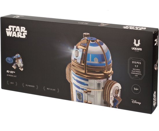 Doos van R2-D2 3D model kit met Star Wars en Ugears logo. De doos toont een R2-D2 model.