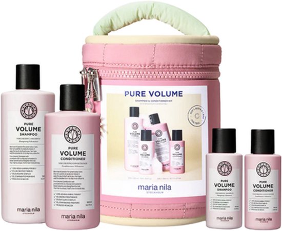 Pure Volume Shampoo en Conditioner Kit met een roze beautybag, twee grote en twee kleine flessen.
