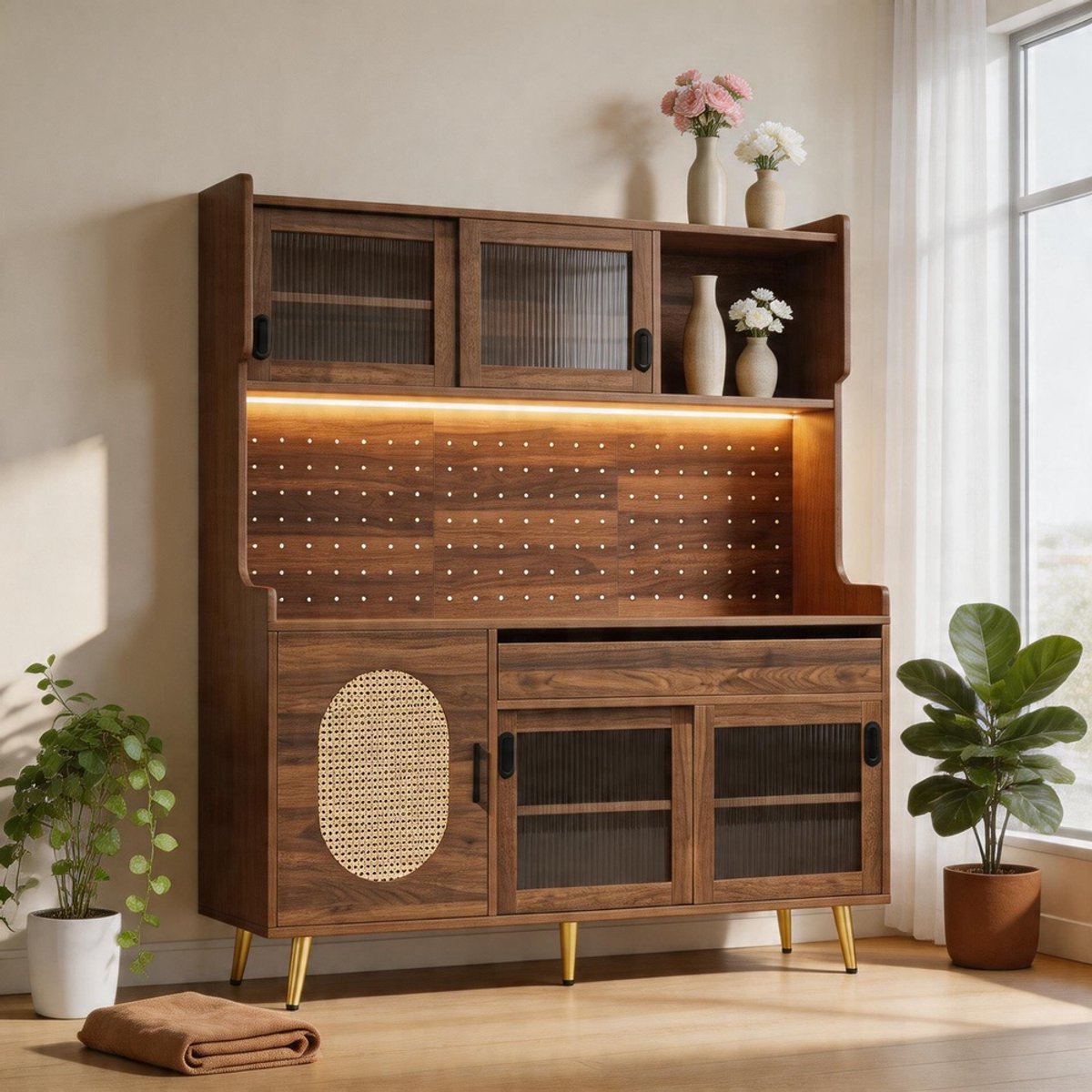 KOMHTOM - Bijzettafel / opbergkast / keukenkast / buffetkast - Landhuisstijl - 5 deuren met geribbeld glas - Met LED-lichtstrip & opbergplaat - Afmetingen: 145x39x171 cm - Kleur: Bruin/zwart
