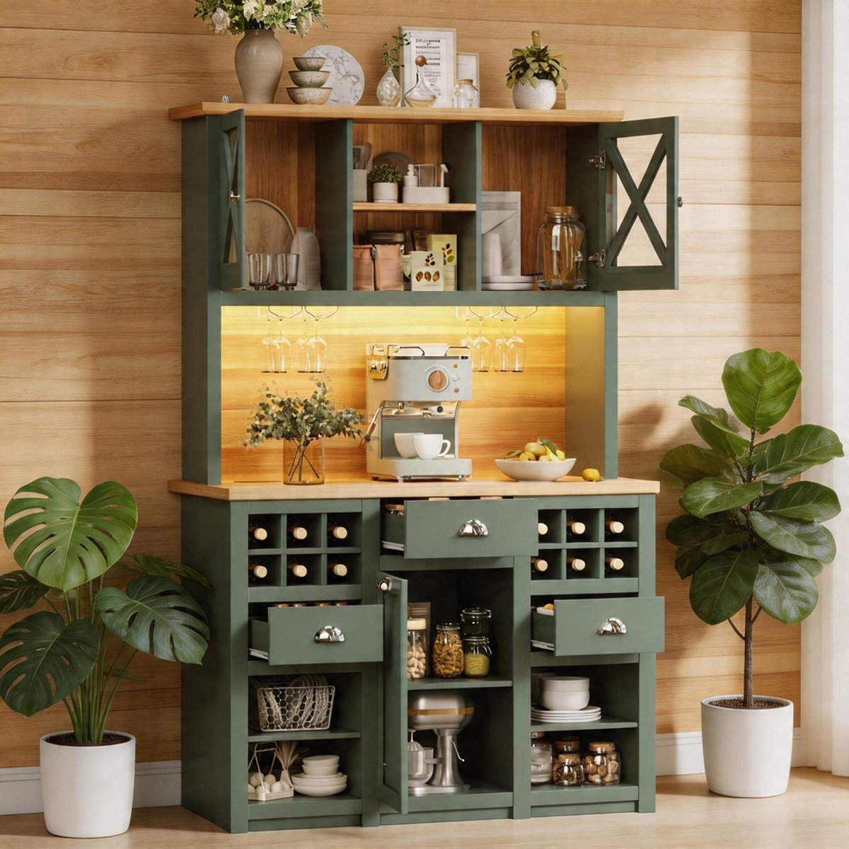 KOMHTOM - Keukenkasten - Hoge keukenkasten / Dressoirs - Glazen deuren en ledverlichting - Bijzetkast met wijnrek - Verstelbare planken - Afmetingen: 120 x 45 x 188 cm - Kleur: Groen