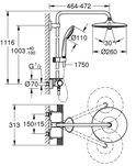Technische tekening met afmetingen van een GROHE Vitalio Joy 260 douchesysteem.