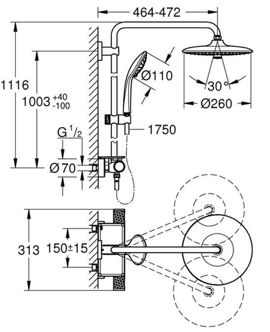Technische tekening met afmetingen van een GROHE Vitalio Joy 260 douchesysteem.
