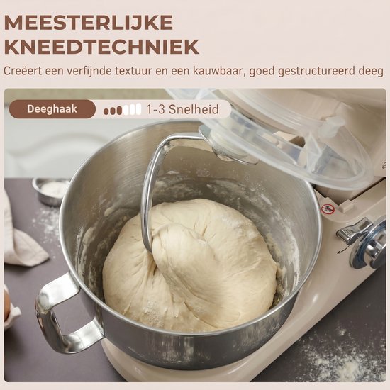 Keukenmachine 1300W - Keukenrobot - 4.5L - Foodprocessor met 6 - standen - Mixer met Mengkom - BPA-vrij - Keukenmixer - 3 Accessoires - Beige van TEKROA — afbeelding 4