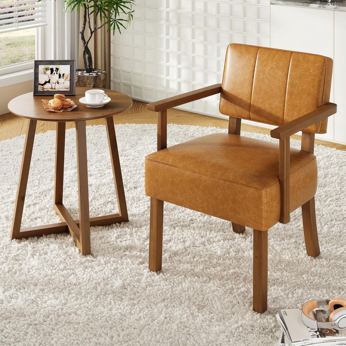 Moderne Mid-Century Fauteuil - Accent Stoel - Oranje Kunstleer (PU) - Houten Frame (Beukenhout) - Retro Design Lounge Chair - Belastbaar tot 150 kg