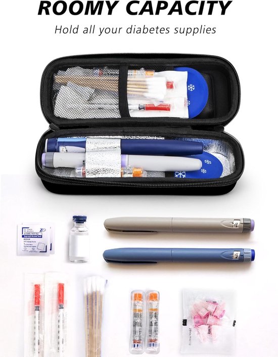 Insuline Koeltas - Diabetes Koeltas met 2 Ijspacks - Om Medicijnen Koud Te Houden - met Thermometer en Temperatuurweergave (Celsius) - Draagbare Koeltas - voor Dagelijks Gebruik en Reizen - Isolerende Insuline Etui voor op Reis - Zwart — afbeelding 3