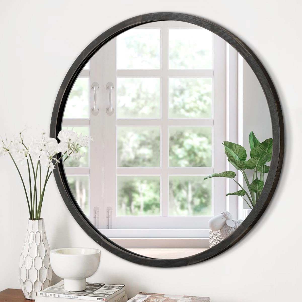 Ronde Wandspiegel 50 cm met Houten Frame - Decoratieve Spiegel voor Badkamer, Slaapkamer en Woonkamer, Ideaal voor Make-up en Interieurdecoratie