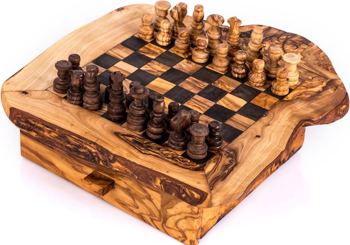 Schaakbord met stukken - Strategisch spel - Tafelspel - Handgemaakt olijfhout - 33x33cm - Houtkleur