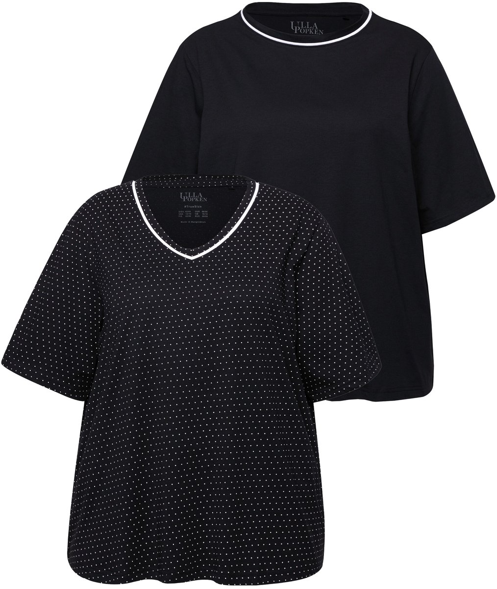 Ulla Popken - Dames - Pyjamashirt set van 2 stippen/effen halve mouwen - Zwart - Maat 42+
