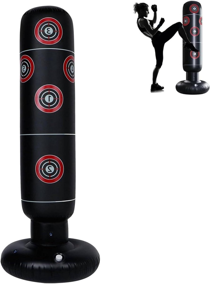 Opblaasbare bokszak - Bokspaal oefentas - Thuis sporten - Stevige stabiele basis - 160 cm hoog - Zwart