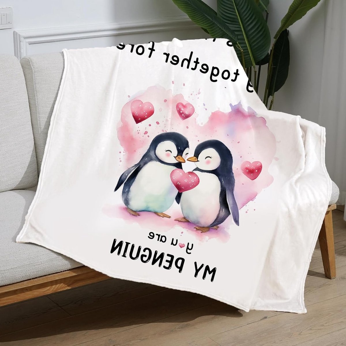 Romantische deken voor koppels, perfect als verjaardagscadeau of huwelijksgeschenk, ideaal voor vriend en vriendin, met schattige pinguïnprint