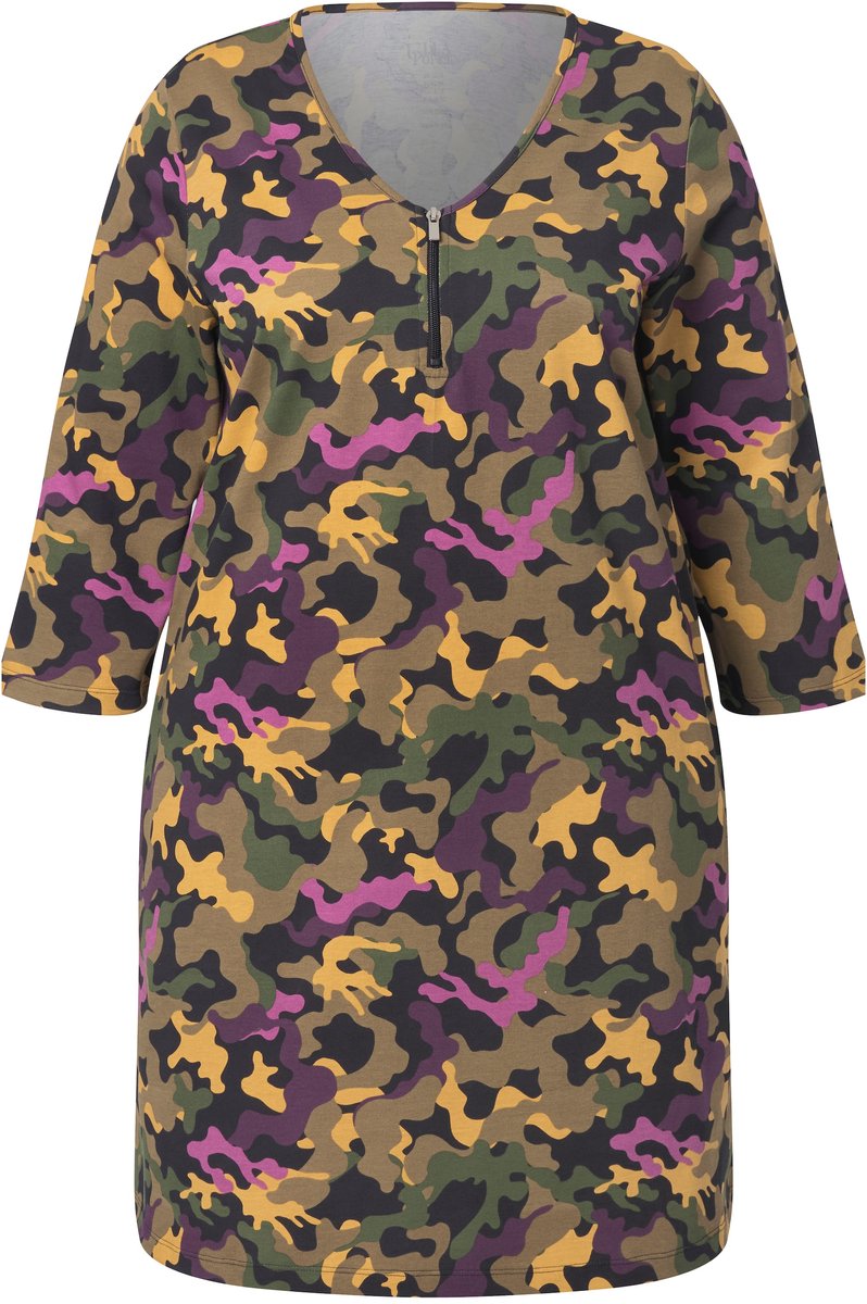 Ulla Popken - Dames - Longshirt rits A-lijn V-hals 3/4-mouwen - Olijfgrijs - Maat 42+