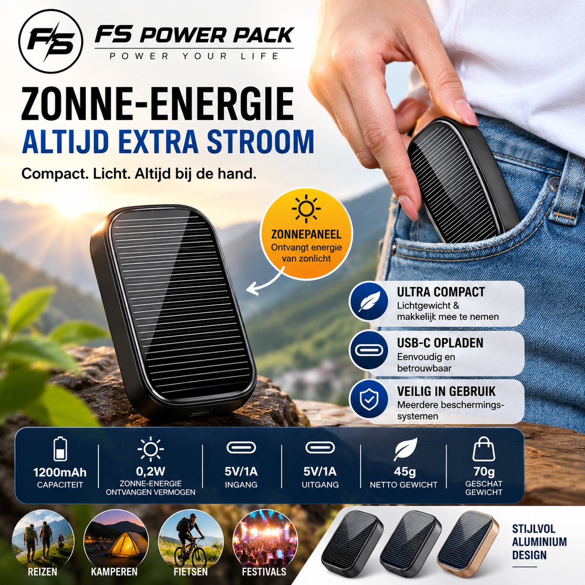 Mini Powerbank 1200mAh met Zonnepaneel – Ultra Compact – USB-C Oplaadbaar – Nieuw 2026-Noodpakket-Sleutelhanger Formaat – FS Power Pack-Ultra Compact & Lichtgewicht-Aluminium Design