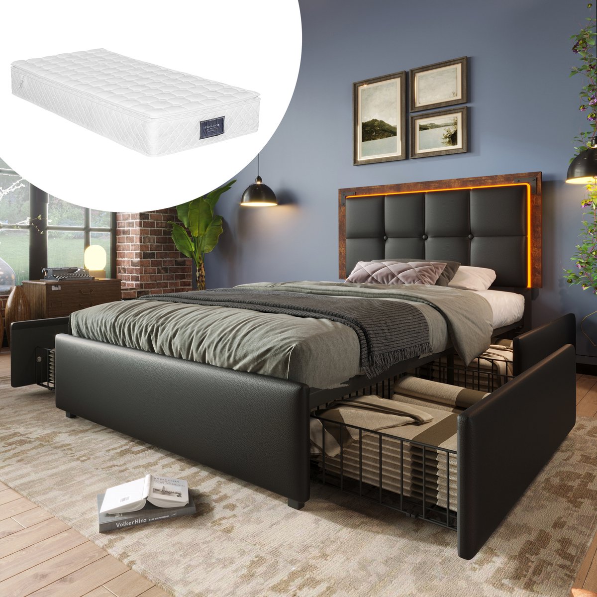 DESMIU Gestoffeerd Bed 90x200cm - Bed Met Verstelbaar Hoofdbord En Verlichting - 4 Lades Voor Extra Opbergruimte - Voor Slaapkamer - PU Leer - Zwart - Met Matras