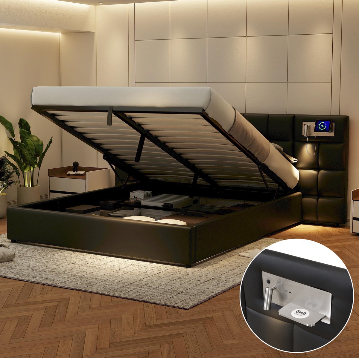 DESMIU Gestoffeerd Bed 180x200 Cm – Bed Met Usb En Draadloos Opladen – Hydraulische Opbergruimte – Voor Volwassenen En Tieners – Zwart – Zonder Matras