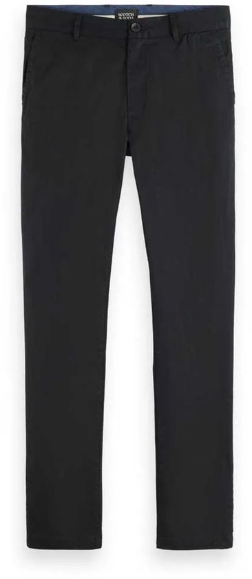 Zwarte chino broek met lussen voor een riem en twee steekzakken.