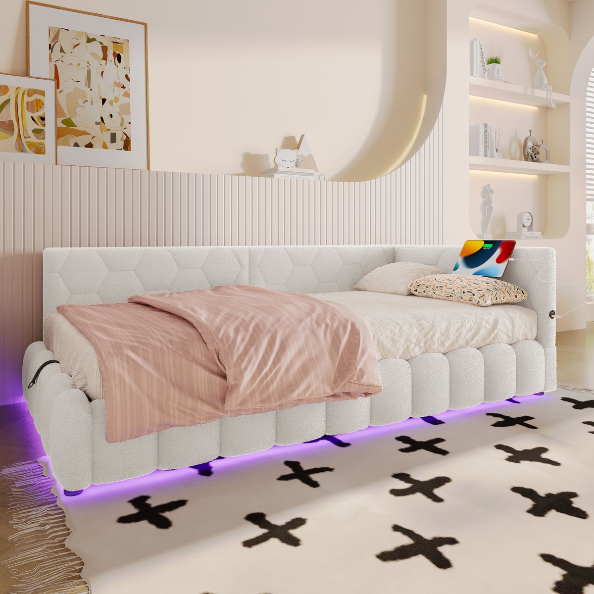 DESMIU Gestoffeerd Bed 90x200cm Zonder Matras – Hemelbed Met Hydraulische Opbergruimte – Led Lichtbalk, Usb En Type-C – Jeugdkamer – Wit