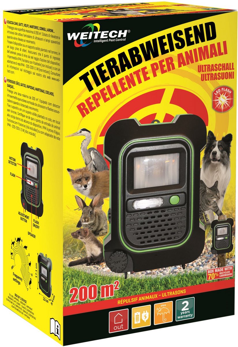 Weitech Garden Protector 4 - Dierenverjager 200 m² - Ultrasoon & Flits - Tegen honden, katten, vossen, marters, konijnen, reigers enz - WK0054