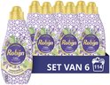 Doos met zes flessen Robijn Spa Sensation wasmiddel, met paarse en witte patronen, lavendel en eucalyptus.