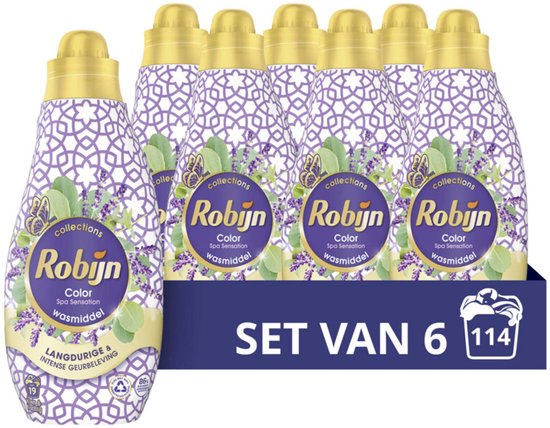 Doos met zes flessen Robijn Spa Sensation wasmiddel, met paarse en witte patronen, lavendel en eucalyptus.
