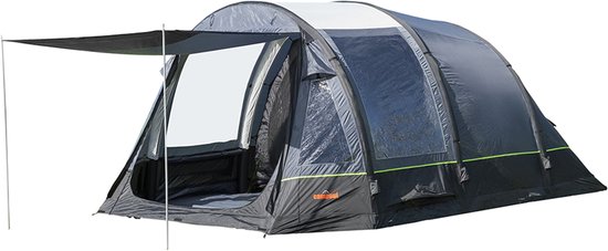 Donkergrijze Campout 5-persoons opblaasbare familietent met luifel, op witte achtergrond.
