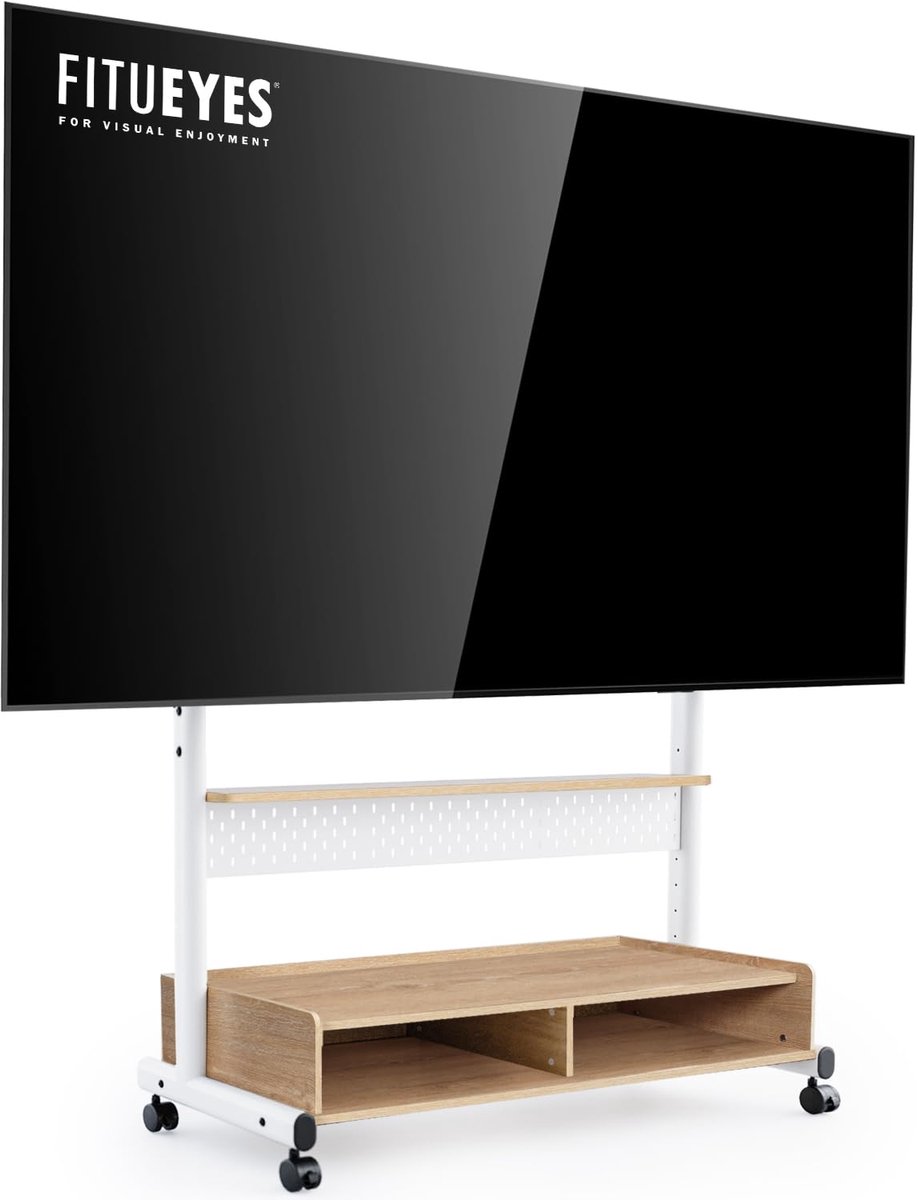 FITUEYES Tv-standaard, oprolbaar, televisiestandaard met wieltjes, vloerstandaard, tv-rolwagen voor 70-100 inch televisie, in hoogte verstelbaar, hoog max. 80 kg, VESA 850 x 600 mm