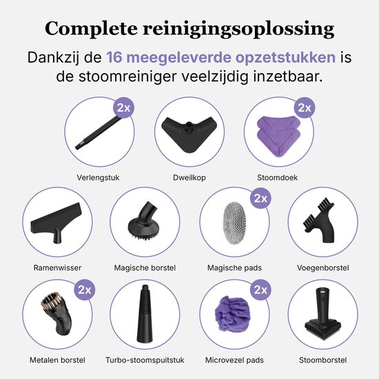 Twaalf accessoires voor de Motionflow stoomreiniger: verlengstuk, dweilkop, stoomdoek, raamwisser, borstels, pads en spuitstukken.