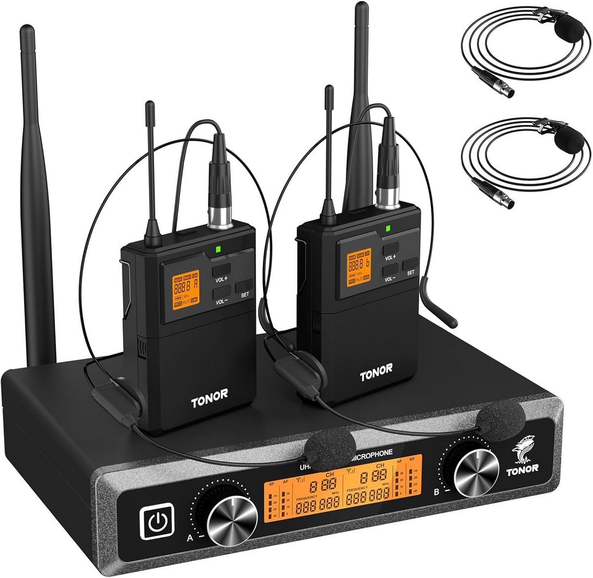 Draadloze Microfoon Set - Headset Lavalier Mics - Live Optredens - 2x5 Instelbare Kanalen - 60 Meter Bereik - Zwart