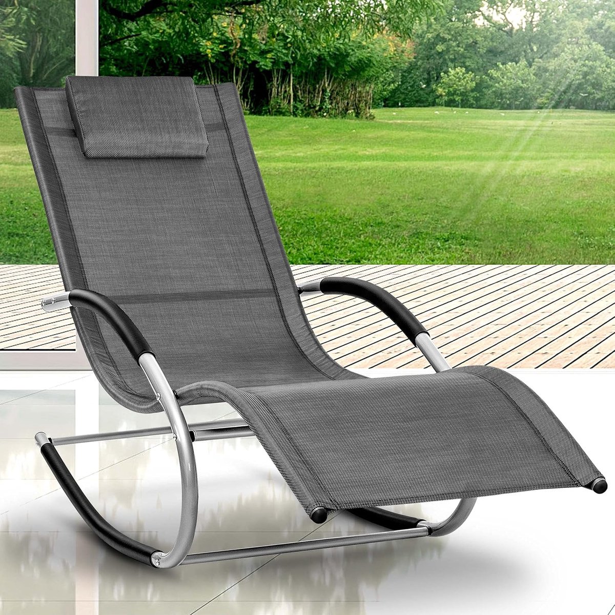 Relaxfauteuil Tuin - Lounger Ligstoel - Buiten Ontspannen - Verstelbare Rugleuning - 175 cm Lengte - Antracietgrijs