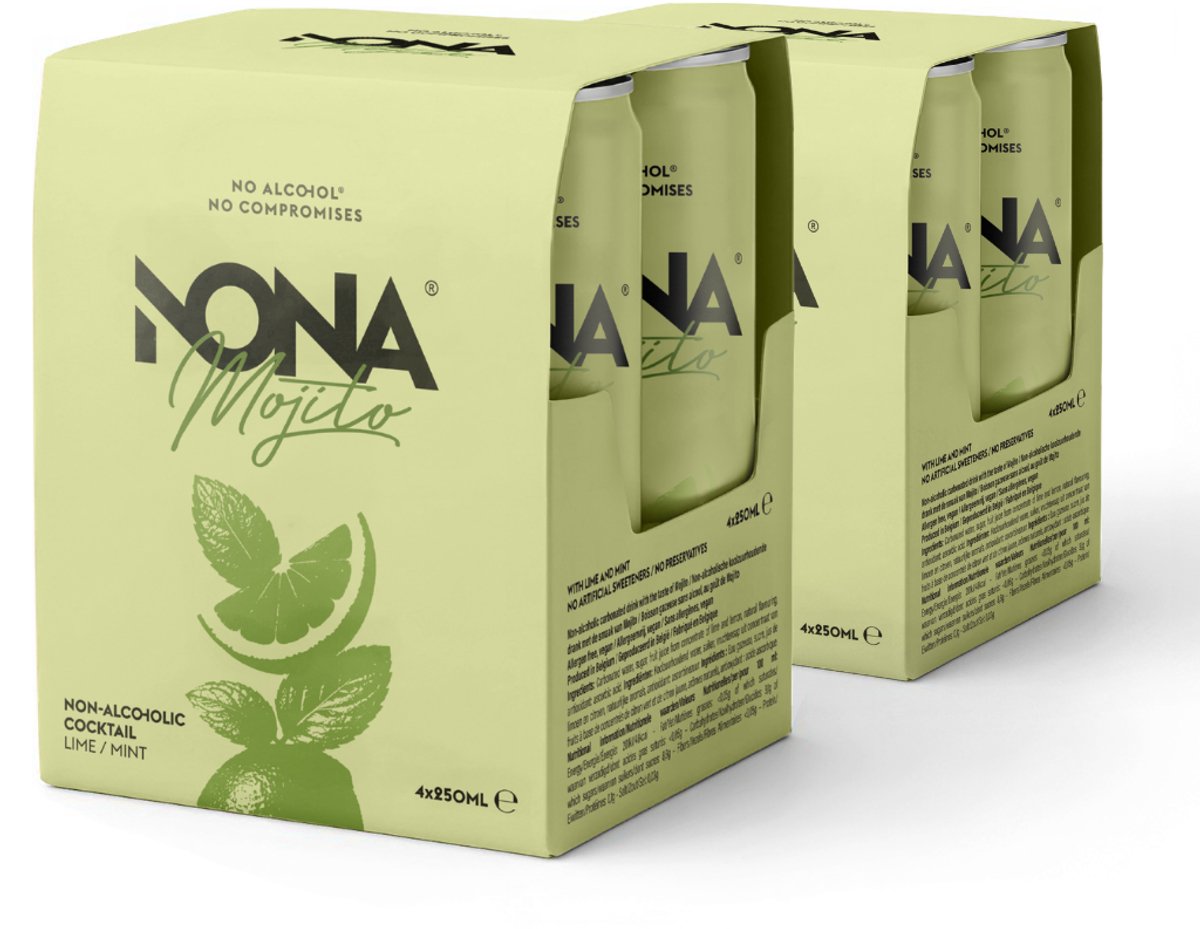NONA Mojito (8 x 250ml) - Alcoholvrije cocktail in blik - Smaak van Mojito - Op basis van limoen, citroen & munt - Alcoholvrij - Mocktail - Virgin Mojito