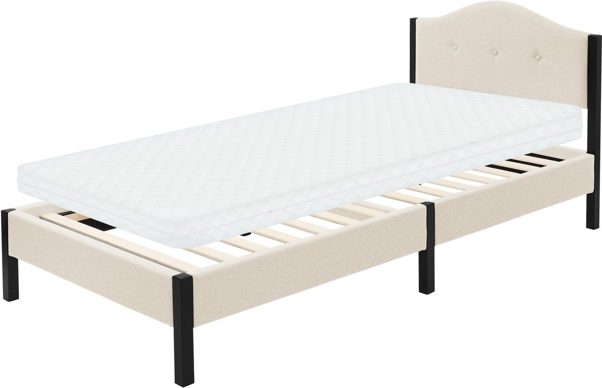 ml-design Gestoffeerd bed 90x200 cm met matras h10 cm eenpersoonsbed, stabiel bedframe serie, linnen bedombouw met gewatteerd hoofdbord en lattenbodem, modern linnenbed met stevig stalen frame, beige comfortabel tienerbed voor de slaapkamer